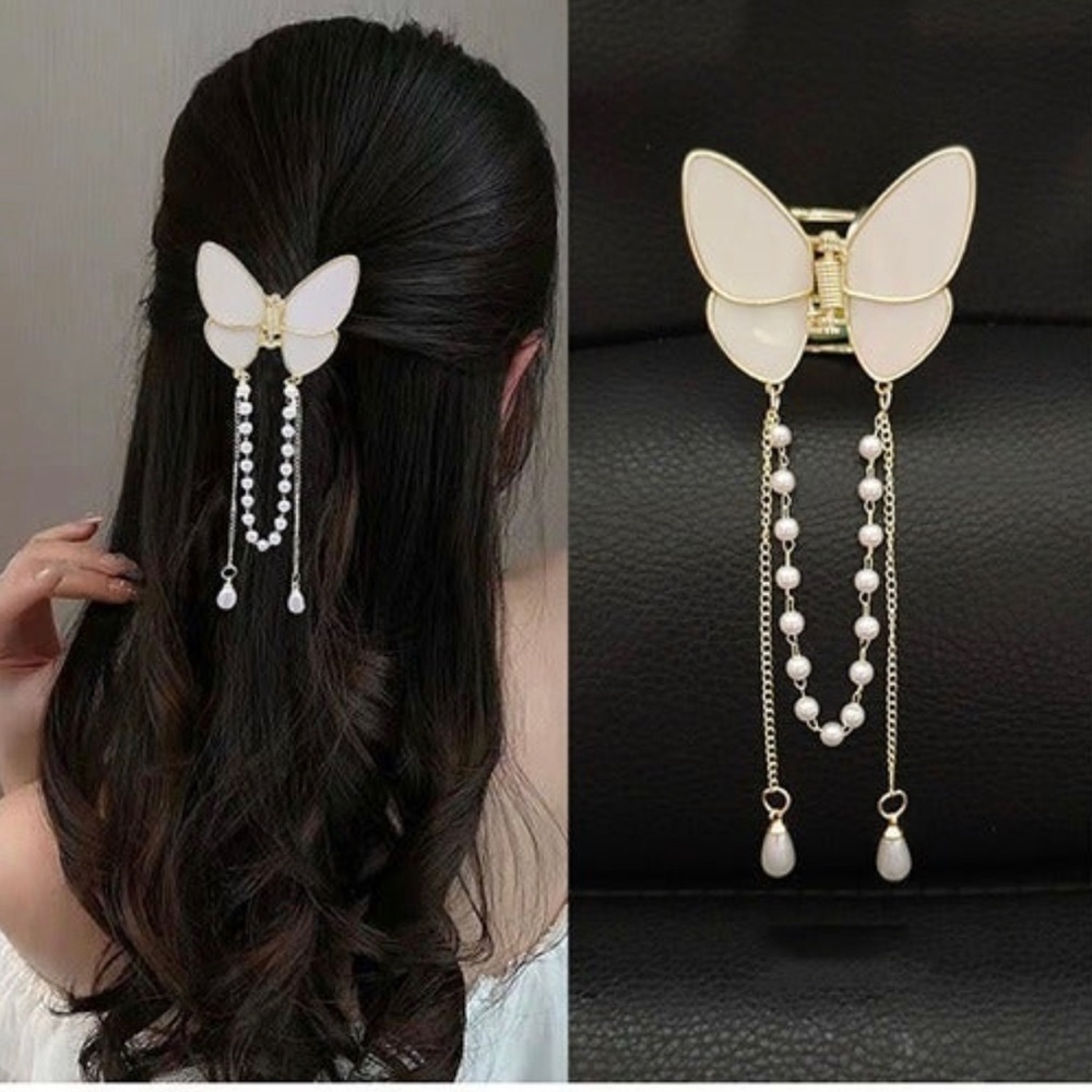 Butterfly Tassel Claw Clip with pearls
